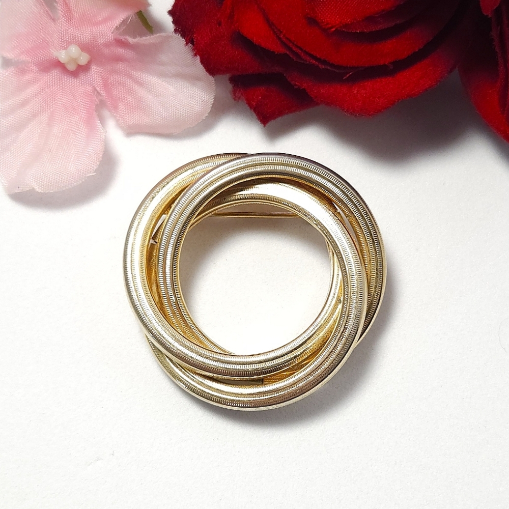 Vintage Gold Tone Triple Circle Braided Brooch Statement Brooch